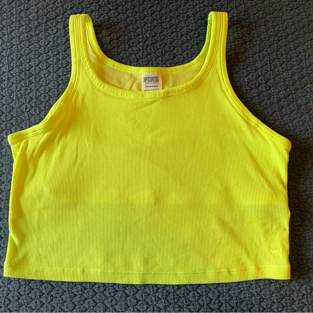 VS PINK in Electro Bright Yellow Ribbed Cropped Tank Top Sz XL